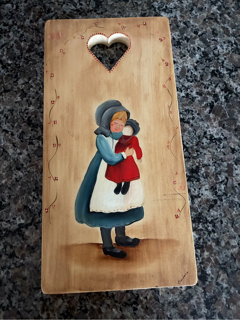 Vintage Wood Prairie/Amish Girl holding Doll Wall Plaque to hang